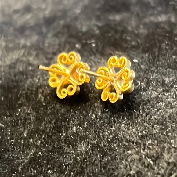 Tiny Gold Plated 925 Scroll Floral Design Pink Stones Earrings - Picture 4 of 5